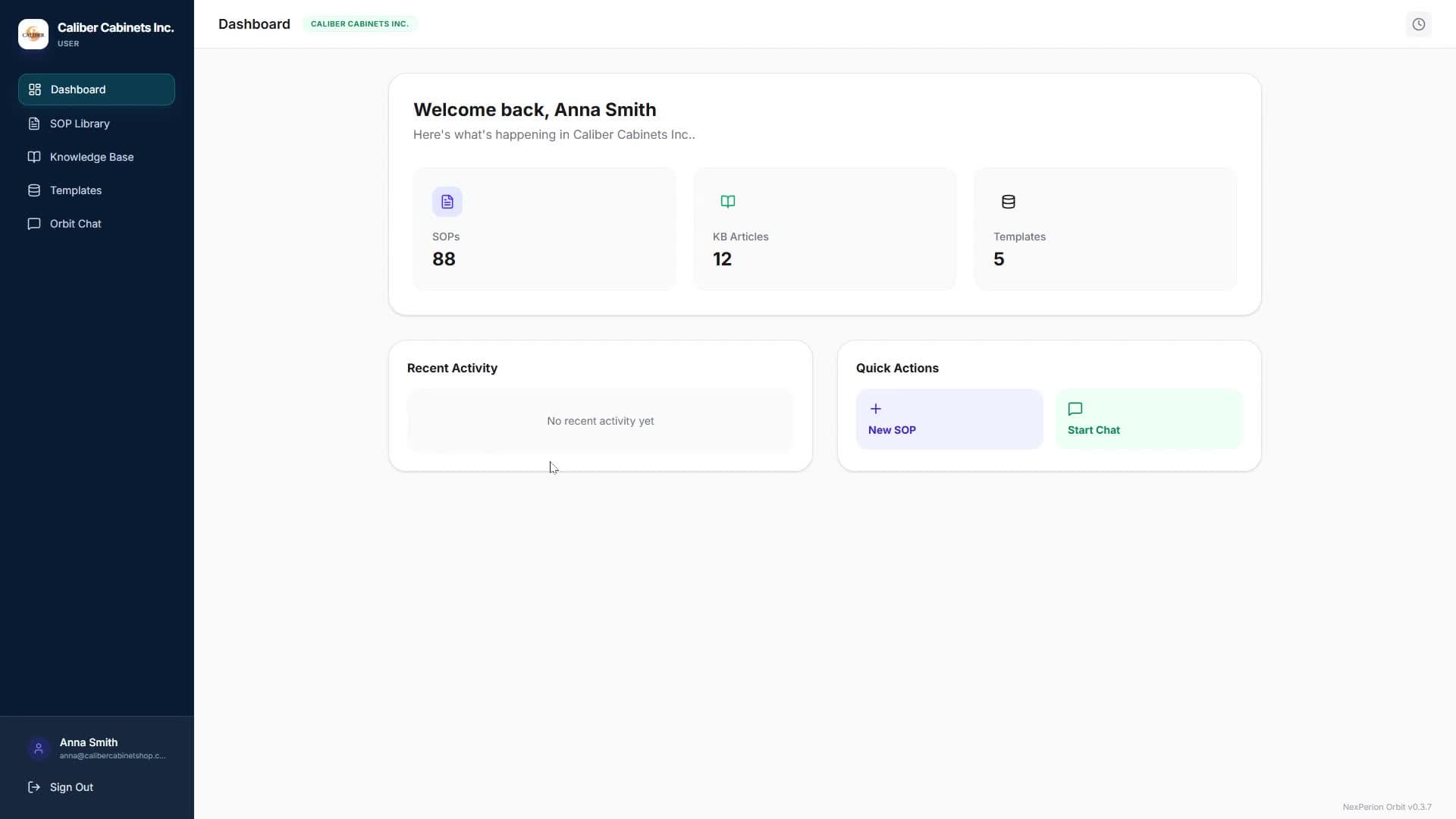 Real NexPerion Orbit dashboard for Caliber Cabinets showing 88 SOPs, 12 KB articles, and 5 templates
