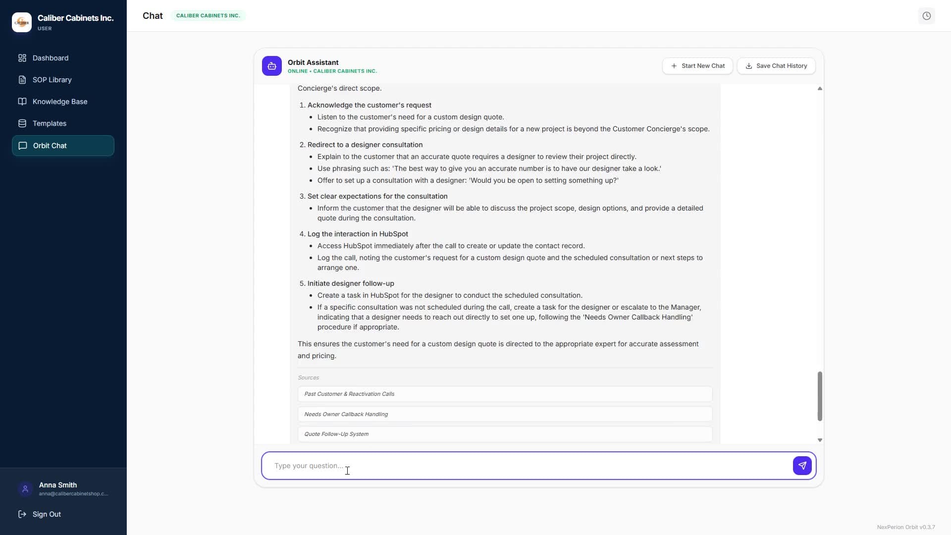 Real Orbit Assistant chat answering a customer service question with cited source procedures
