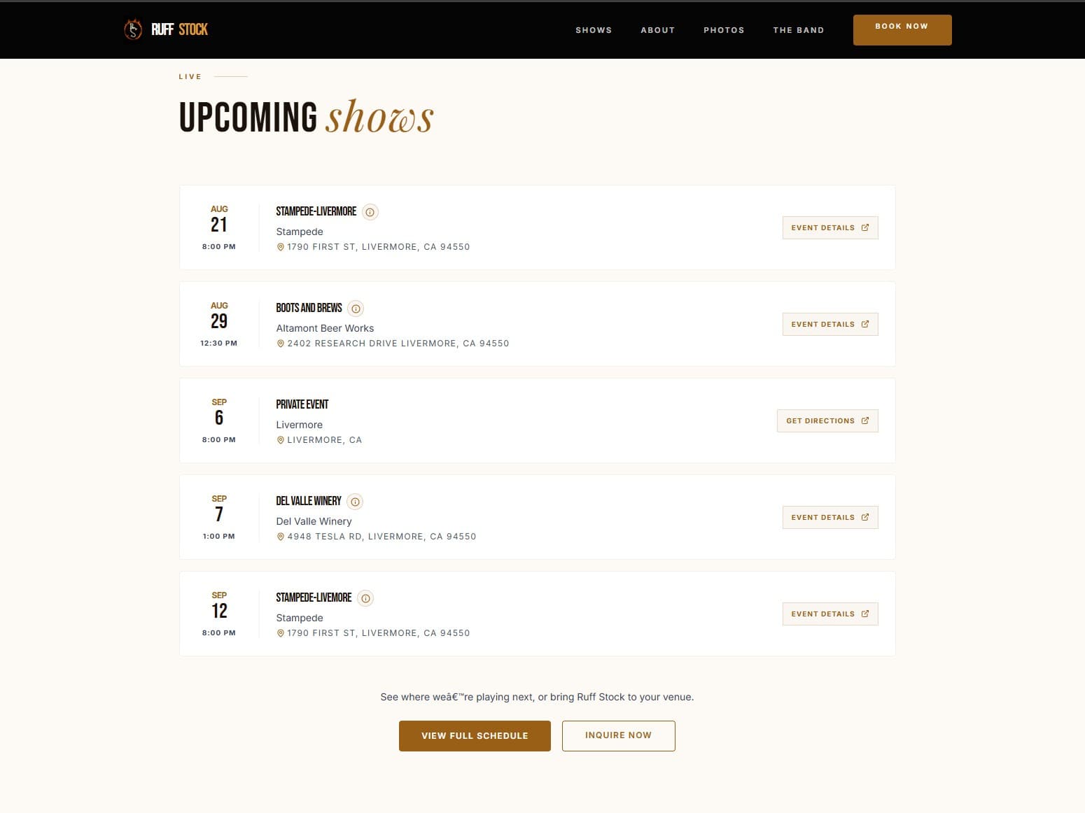 Live screenshot of the ruffstock.net upcoming shows listing