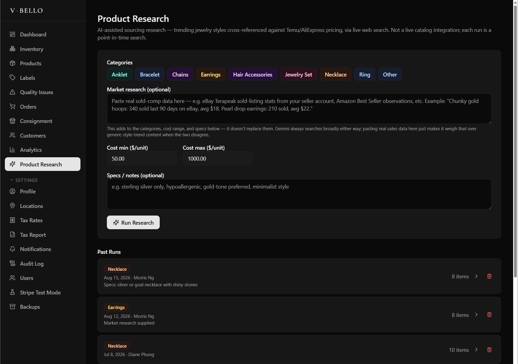 Real screenshot of the V-BELLO admin portal's AI-assisted Product Research tool